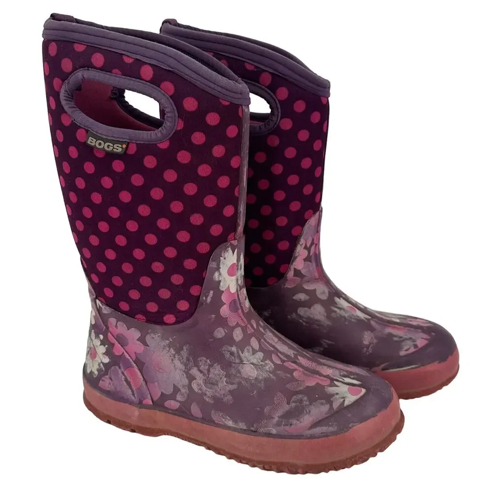 Bogs Girls Flower Dots Rubber Snow Boots Size 3